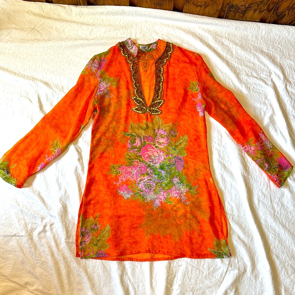 Eva Zissu Sheer Tunic, Gold Beaded Neck Embellishment, Orange Floral, Small, EUC